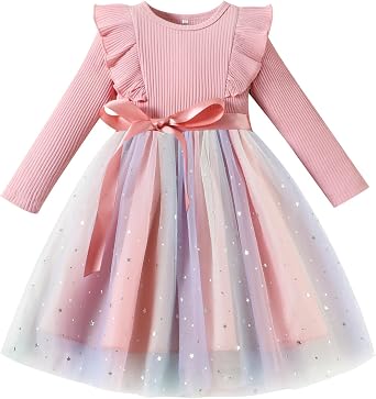 Toddler Girls Dresses Tulle Long Sleeve Ruffle Baby Fall Winter Fashion Casual Toddler Dresses for Girls
