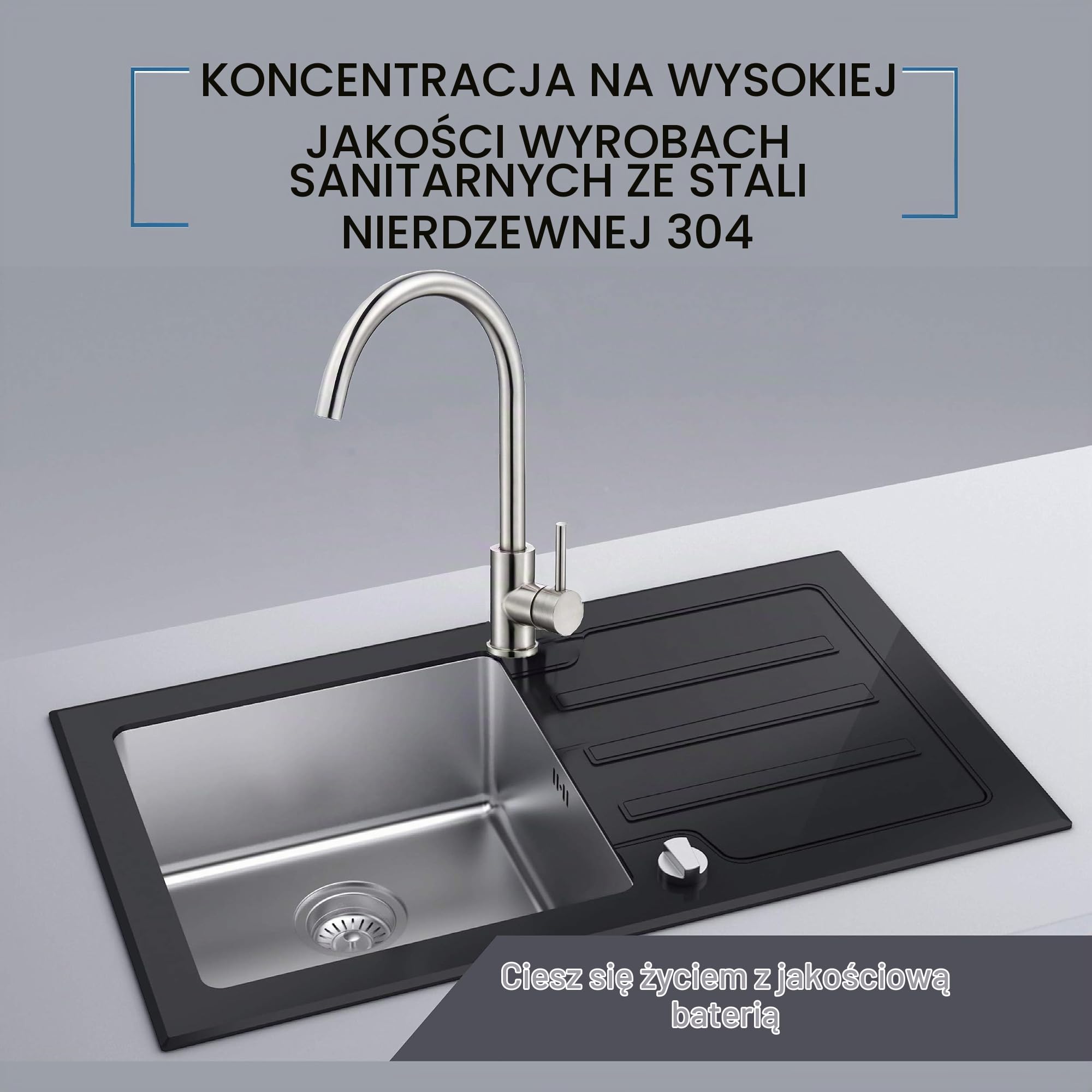 Krobec Bateria kuchenna z wysoką wylewką, jakość spożywcza, stal nierdzewna 304, obrotowa, jednouchwytowa, bateria zlewozmywakowa, bateria kuchenna, bateria jednouchwytowa, kran bezołowiowy