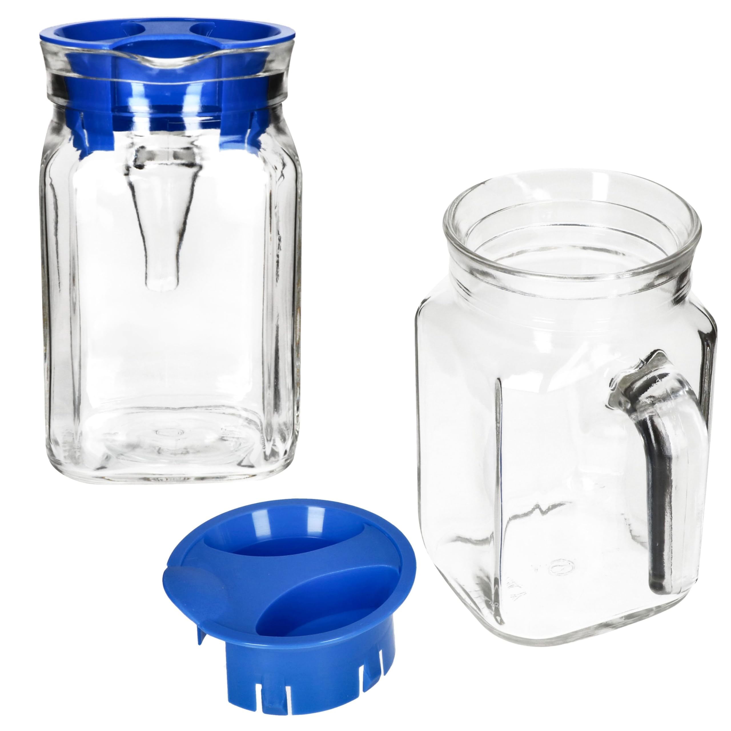 MamboCat Kora Set di 2 brocche per frigorifero con coperchio in plastica blu, 0,5 litri, caraffa quadrata in vetro con beccuccio e manico per tè freddo, acqua, succhi di frutta, latte & Co.