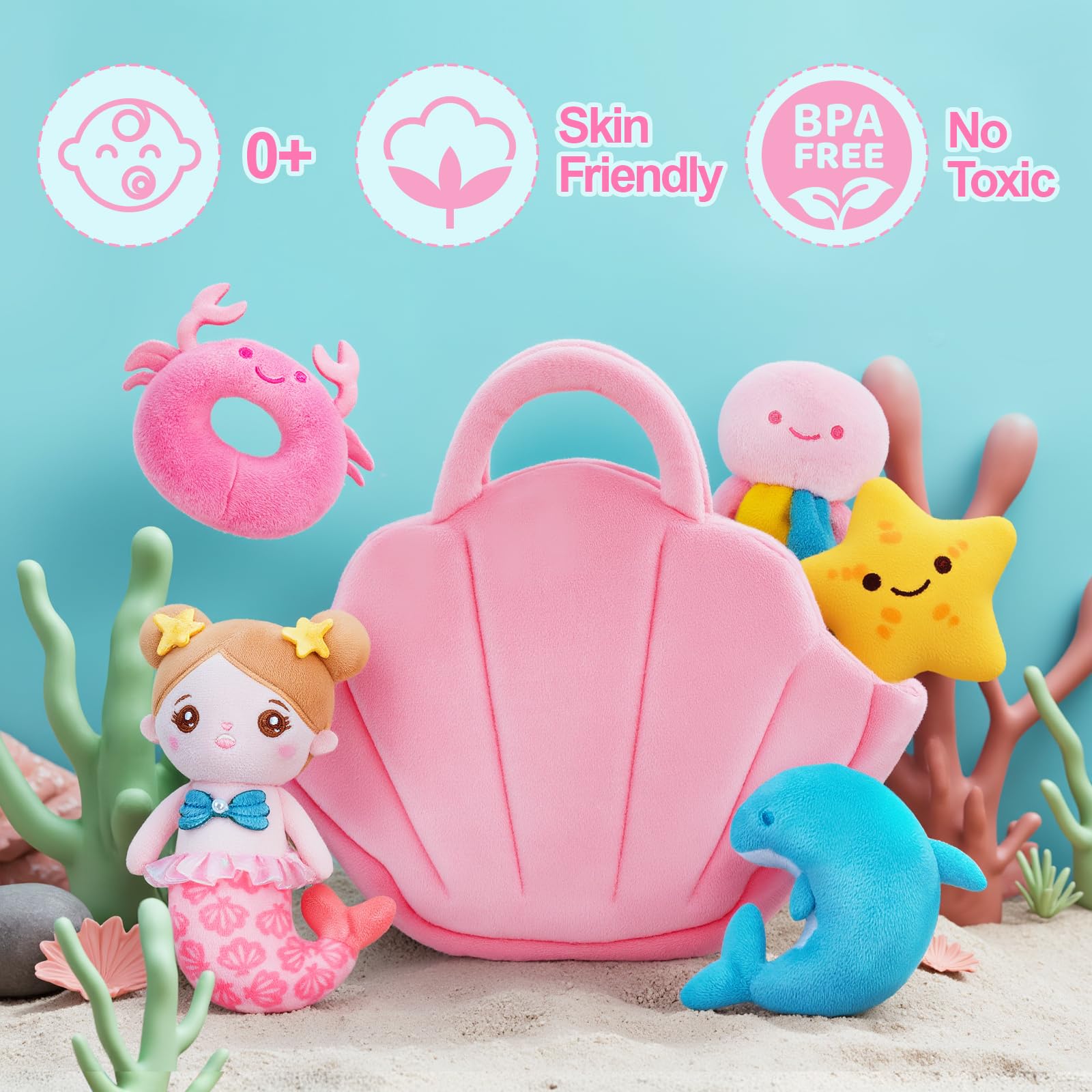 OUOZZZ Jouet en Peluche Sirène Océan, Jouet Sensoriel pour Bébé Fille de 1 à 3 Ans, 24 cm
