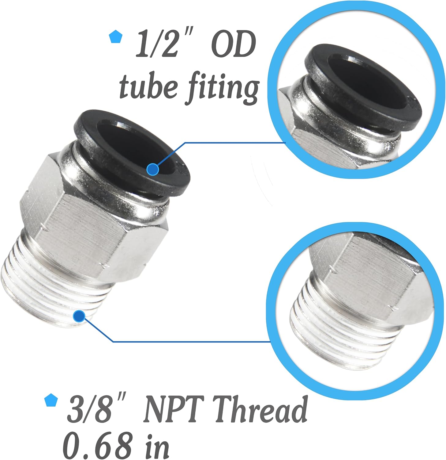 1/2 Air hose fittings, Push to Connect Air fittings Male Straight 1/2 Inch Tube OD x 3/8 NPT Thread Fitting (Pack of 2)