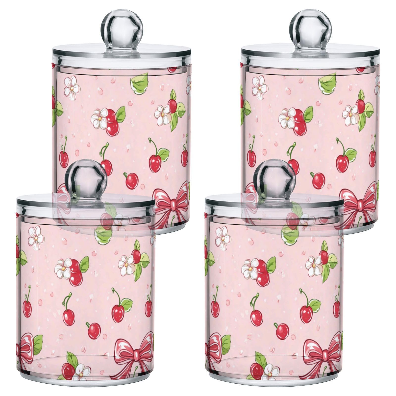 Gredecor 4 Pack Qtip Holder Clear Cherry Bow Flowers Pink (2) Apothecary Jars with Lids Acrylic Bathroom Jars Vanity Countertop Canister Storage Organizer for Cotton Ball,Swabs,Pads,Floss