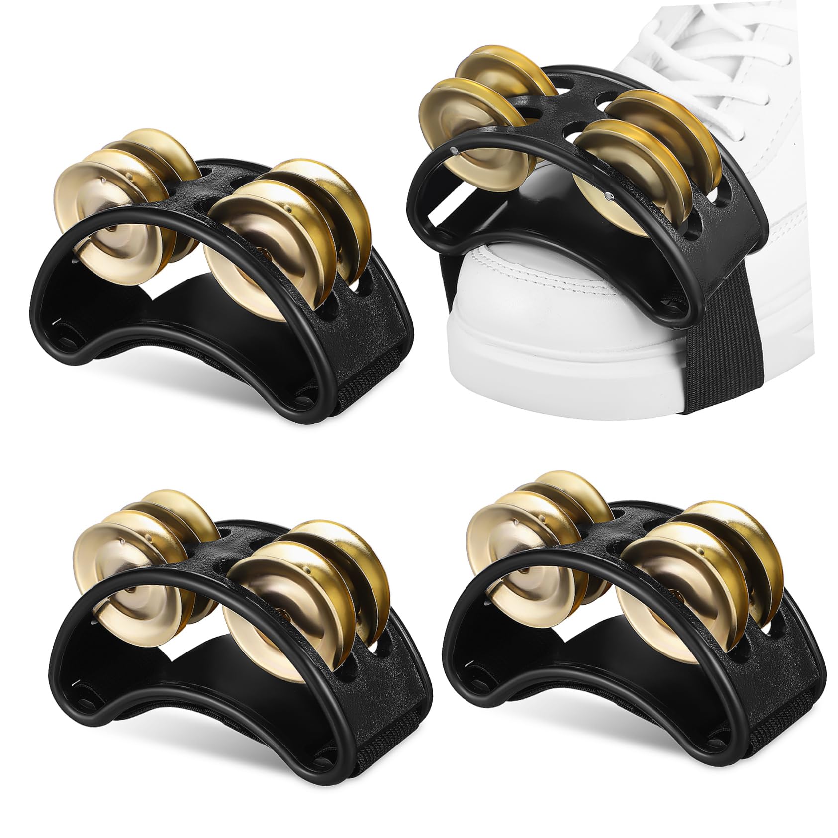 VANZACK 4Pcs Foot Tambourines with Metal Jingle Bells Percussion Instruments for Drum and Guitar Playing for Music Shakers and Foot Percussion