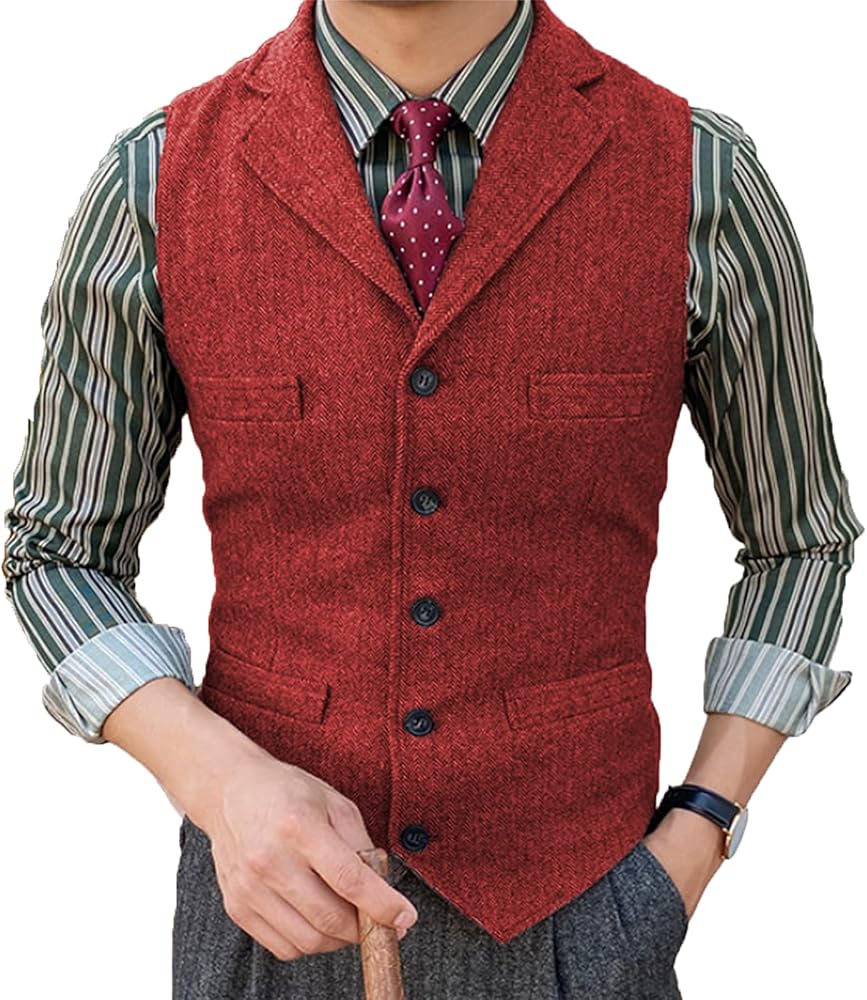 Mens Classy Suit Vest Notch Lapel Wool Tweed Waistcoat for Wedding