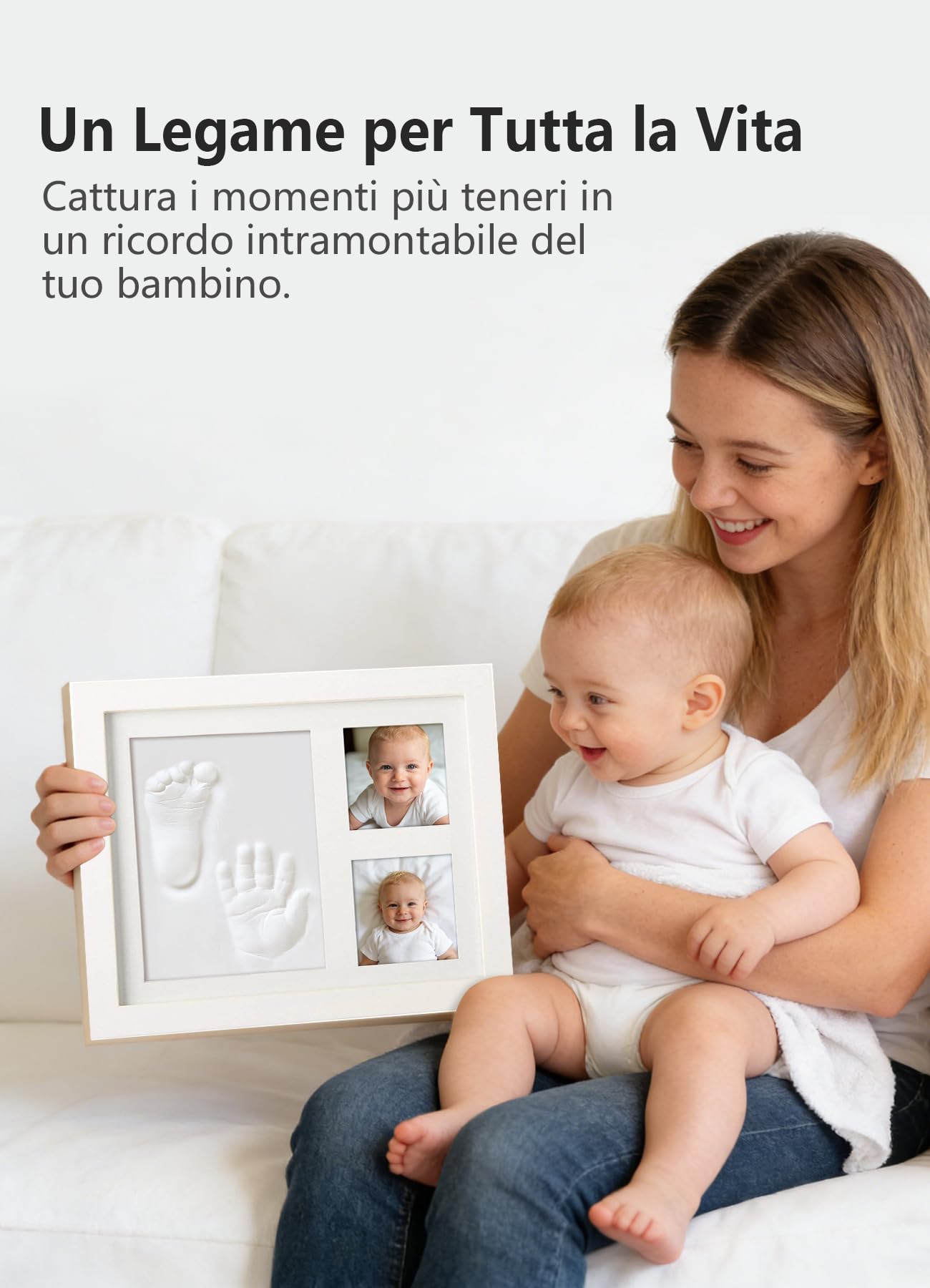 Kit Impronte Mani e Piedi Neonato, Argilla Sicura, Cornice Ricordo in Legno Massello, Regalo Baby Shower e Natale Bianco