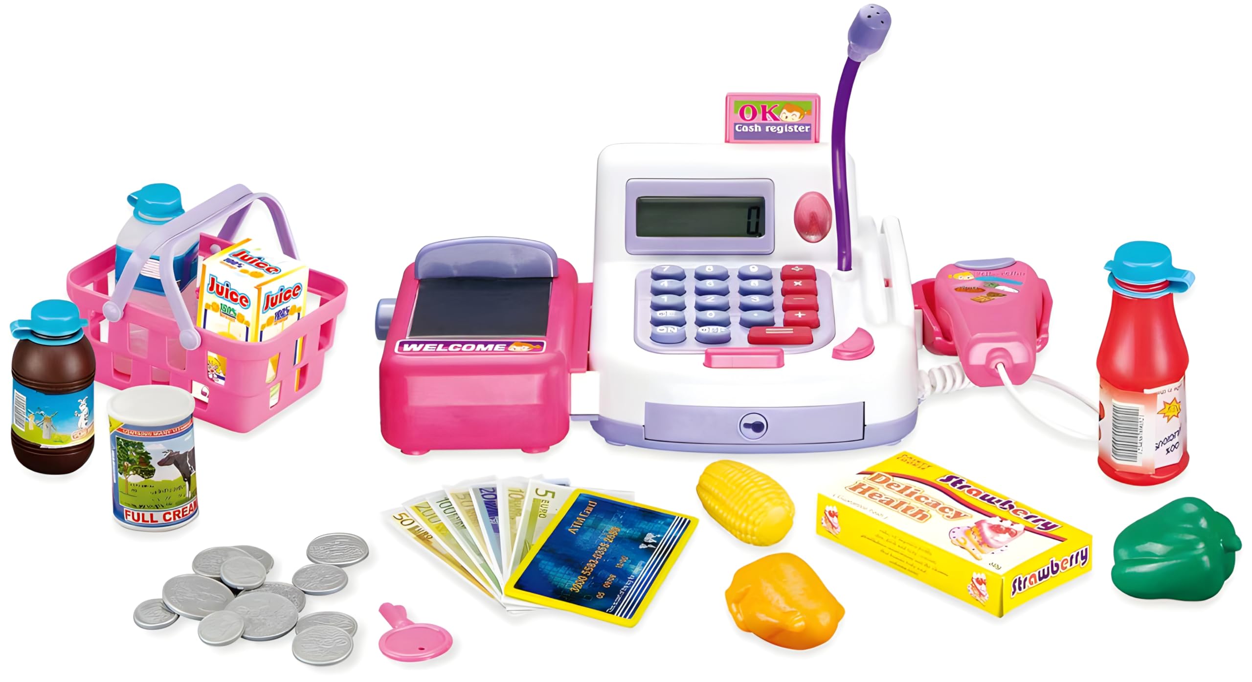 Cable World Grocery Store Pretend Play Electronic Toy Cash Register Set - STEM Cash Register for Kids with Microphone, Play Money, and Food Basket - Kids Checkout Toys with Scanner- Pink-image-28