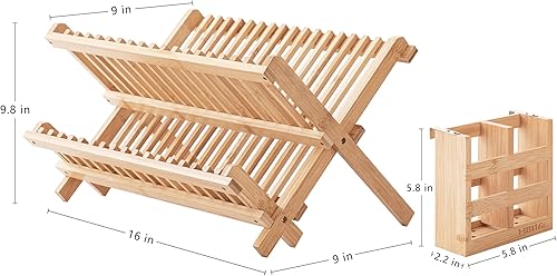 Miniatura 3 de HBlife Escurreplatos plegable de bambú de 2 niveles con soporte para utensilios y plato de platos, tazón, tazón, tapa de olla, tabla de cortar,