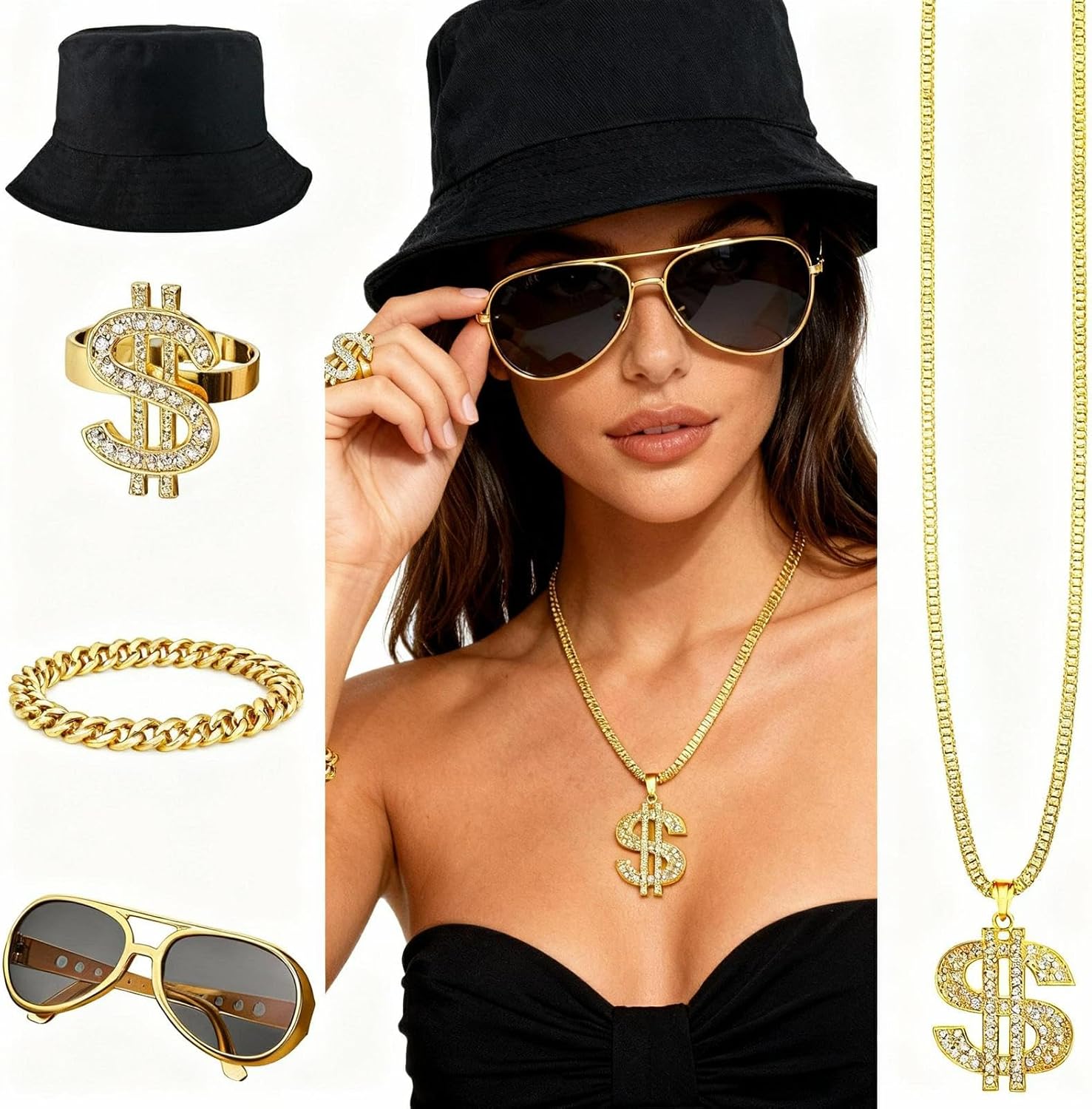 5Pcs Hip Hop Costume Kit, 80s 90s Old School Rapper Costumes for Men Women, Glasses Bracelet Gold Chain Necklace Rings Caps, 80s Accessories for Men Cosplay Party Outfits New Year Holiday Gift - Image 4