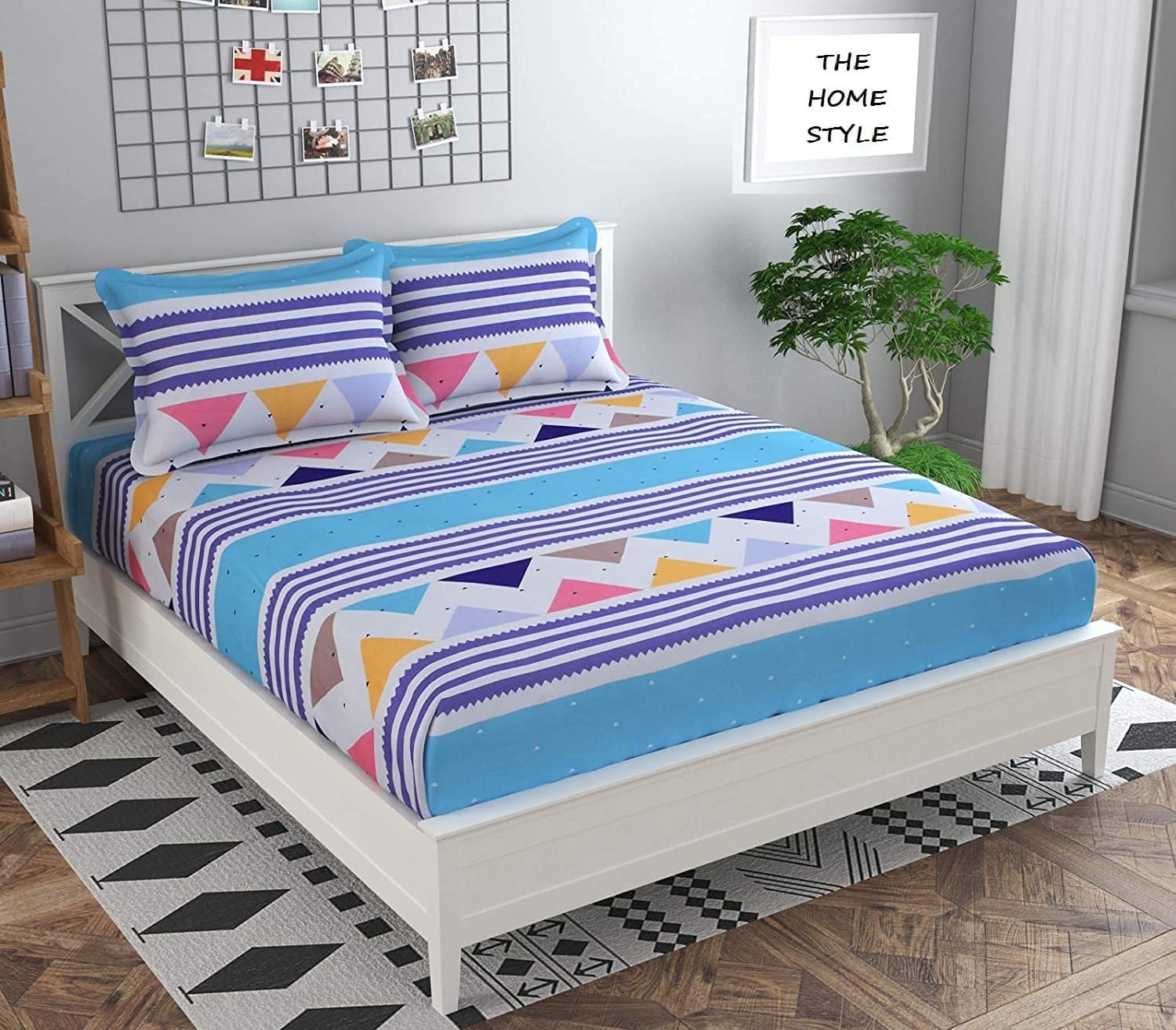THE HOME STYLE Supersoft Glace Cotton 350 TC Elastic Fitted All Around King Size Printed Double Bedsheet With 2 Pillow Cover & King Size Comforter/Duvet/Blanket (72"X78" + Comforter, White Blue)