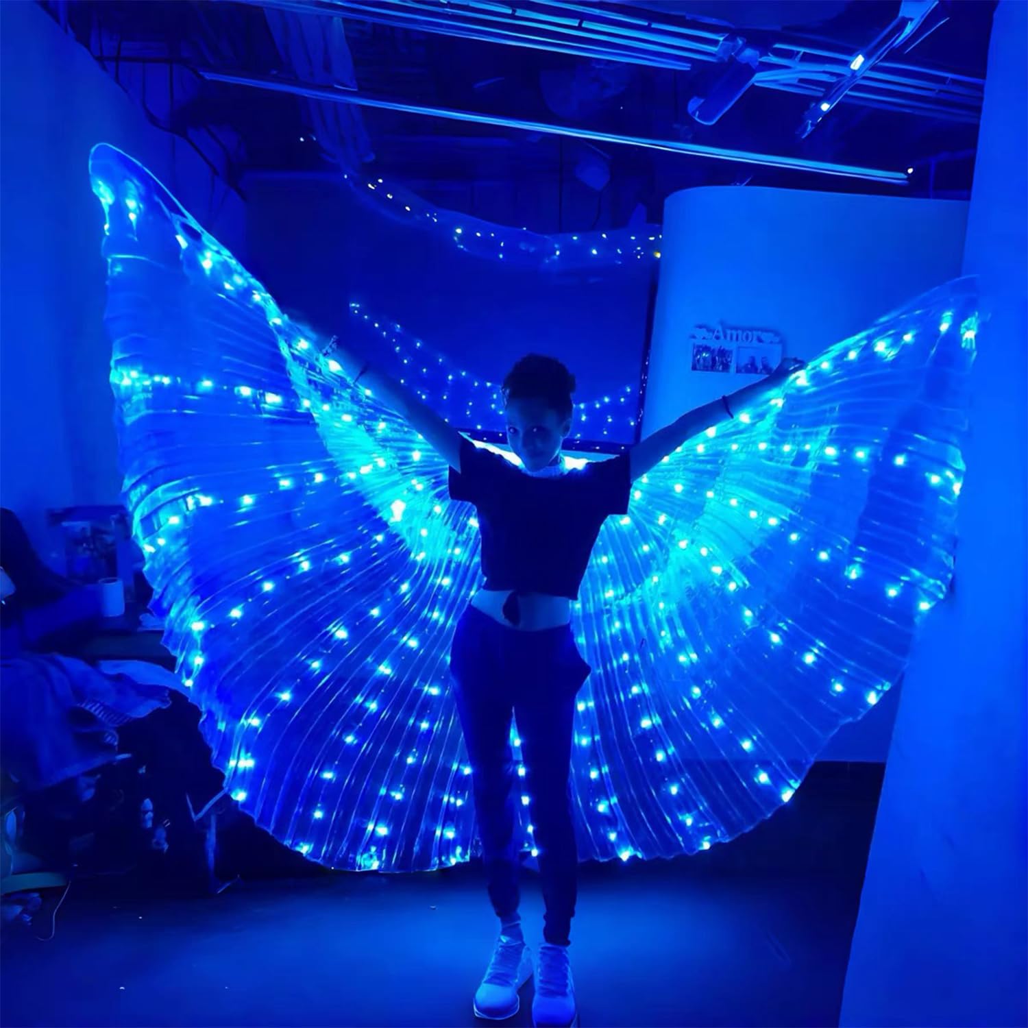 LED Lights Belly Dance Wings Bellydance Glow Angel Dance Wings with Telescopic Sticks for Adults and Child
