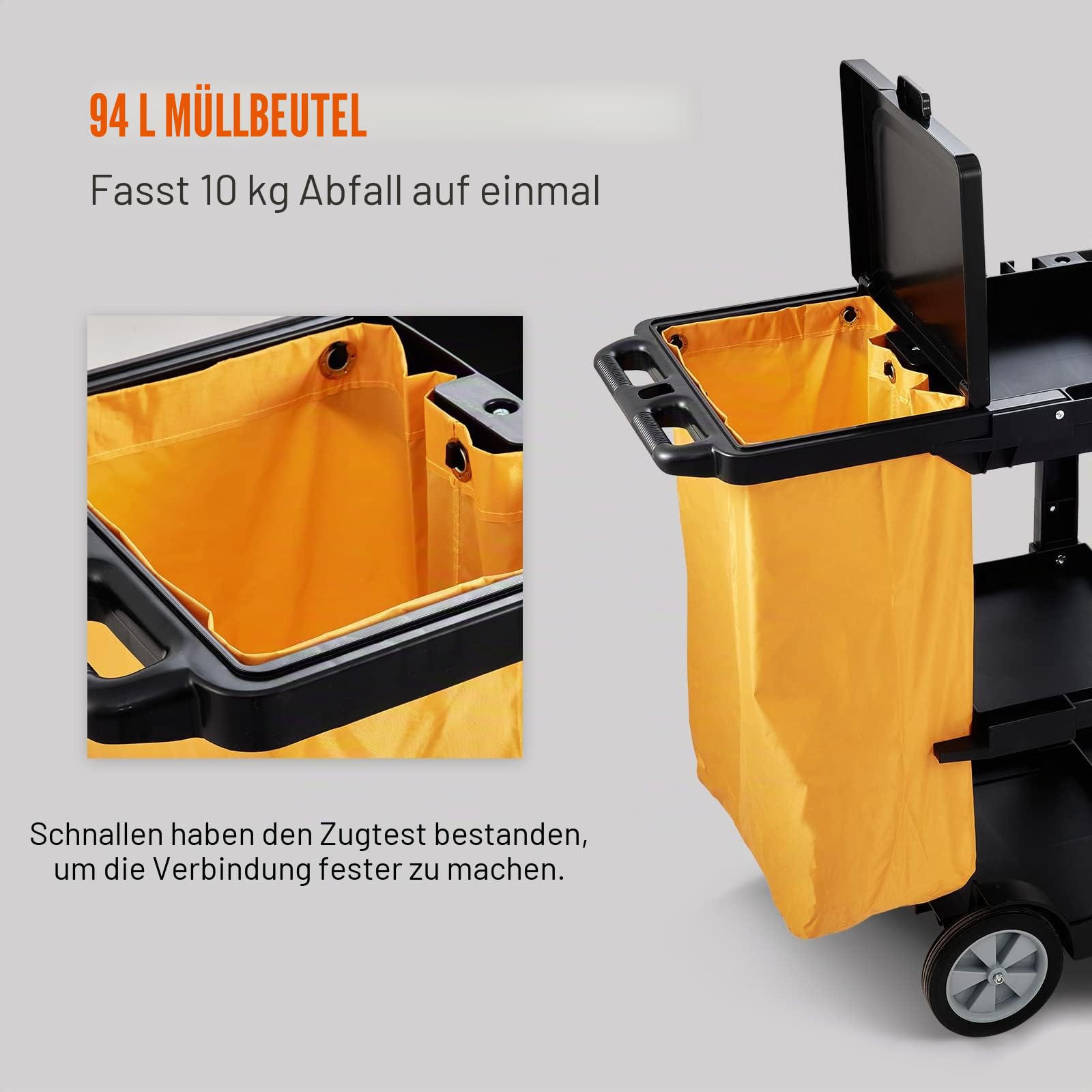 VEVOR Reinigungswagen Putzwagen mit 3 Fächern, Hygienewagen Reinigungswagen 90,7 kg Tragfähigkeit, Schwarz PP Wischwagen Systemwagen mit PVC-Müllsack, Geeignet für Büros, Einkaufszentren, Hotels
