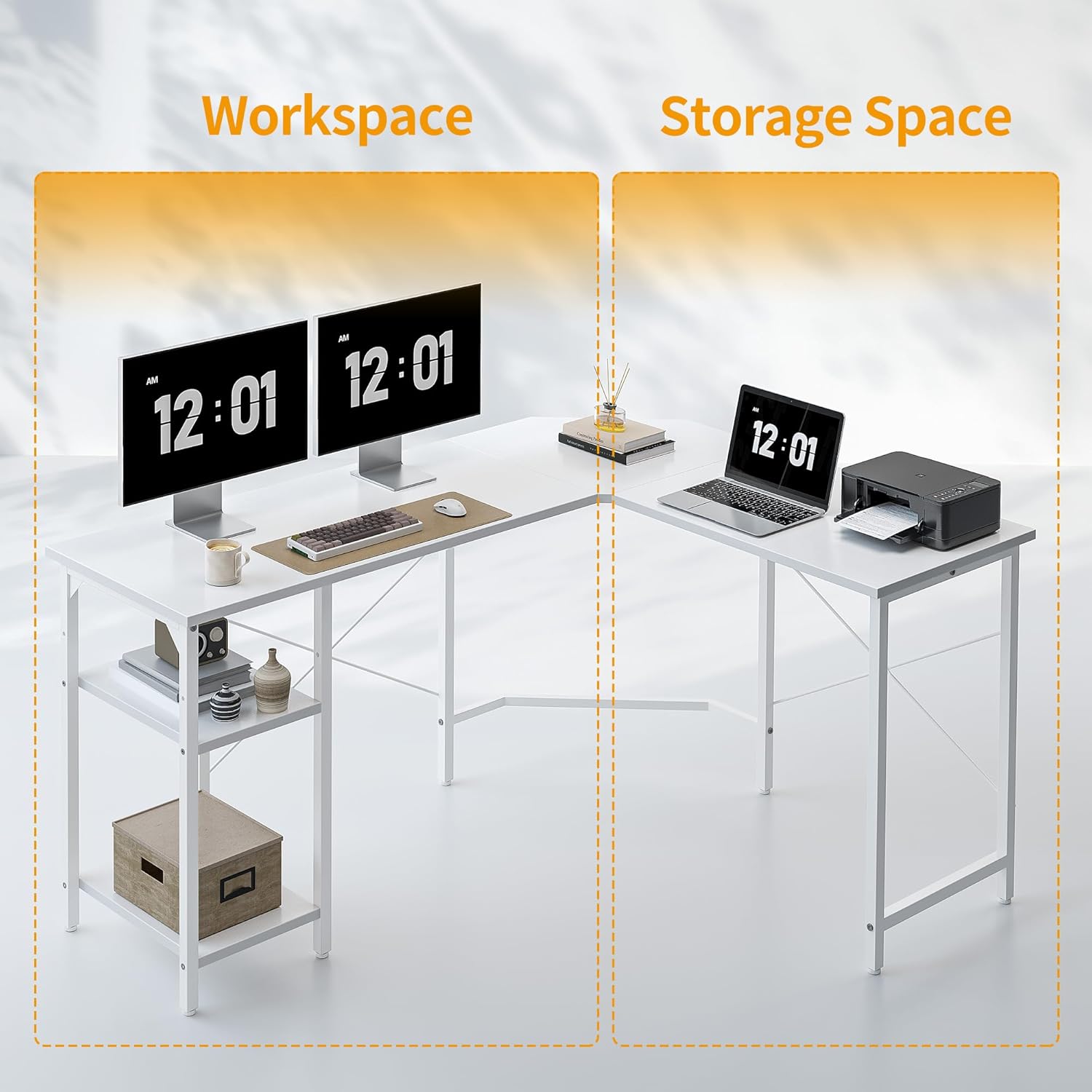 Graphic illustrating the distinct workspace and storage areas of the L-shaped desk