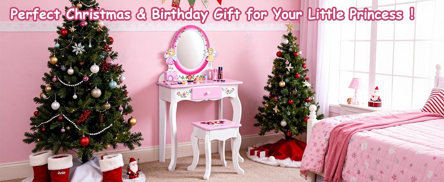 Wooden Princess Kids Vanity Set Floral Makeup Table Stool Mirror Role Playing Pink