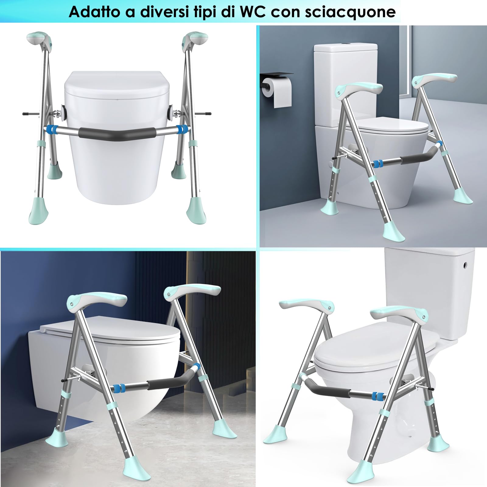 Barre Di Sicurezza Per WC Disabili,Sostegno Di Telaio Di Sicurezza Per Wc Per Anziani,Nessun Foro Di Perforazione,Altezza E Larghezza Regolabili,Lega Di Alluminio, Facile Da Installare (Ci)