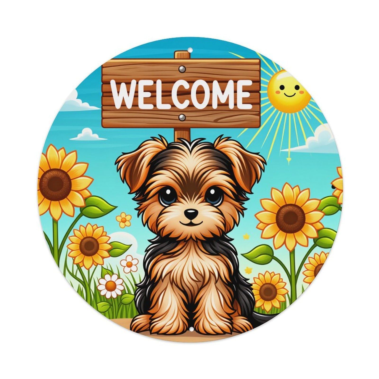 Cute Dog Sunflowers Welcome Sign Sky Round Tin Sign Vintage Metal Poster Retro Bar, Home, Man Cave, Kitchen, Laundry Room Wall Art Decor Gift 8x8Inch