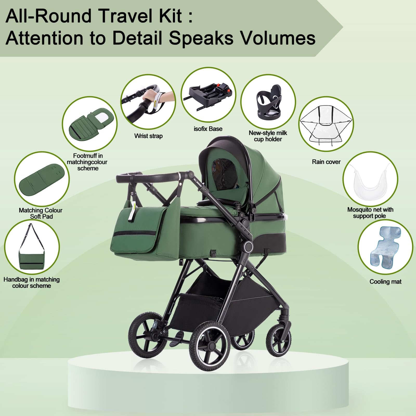 Zkipm Kinderwagen 3 in 1 Set mit Sitz & Isofix Base, Babybett zusammenklappbar, bis 15 kg, 0-3 Jahre