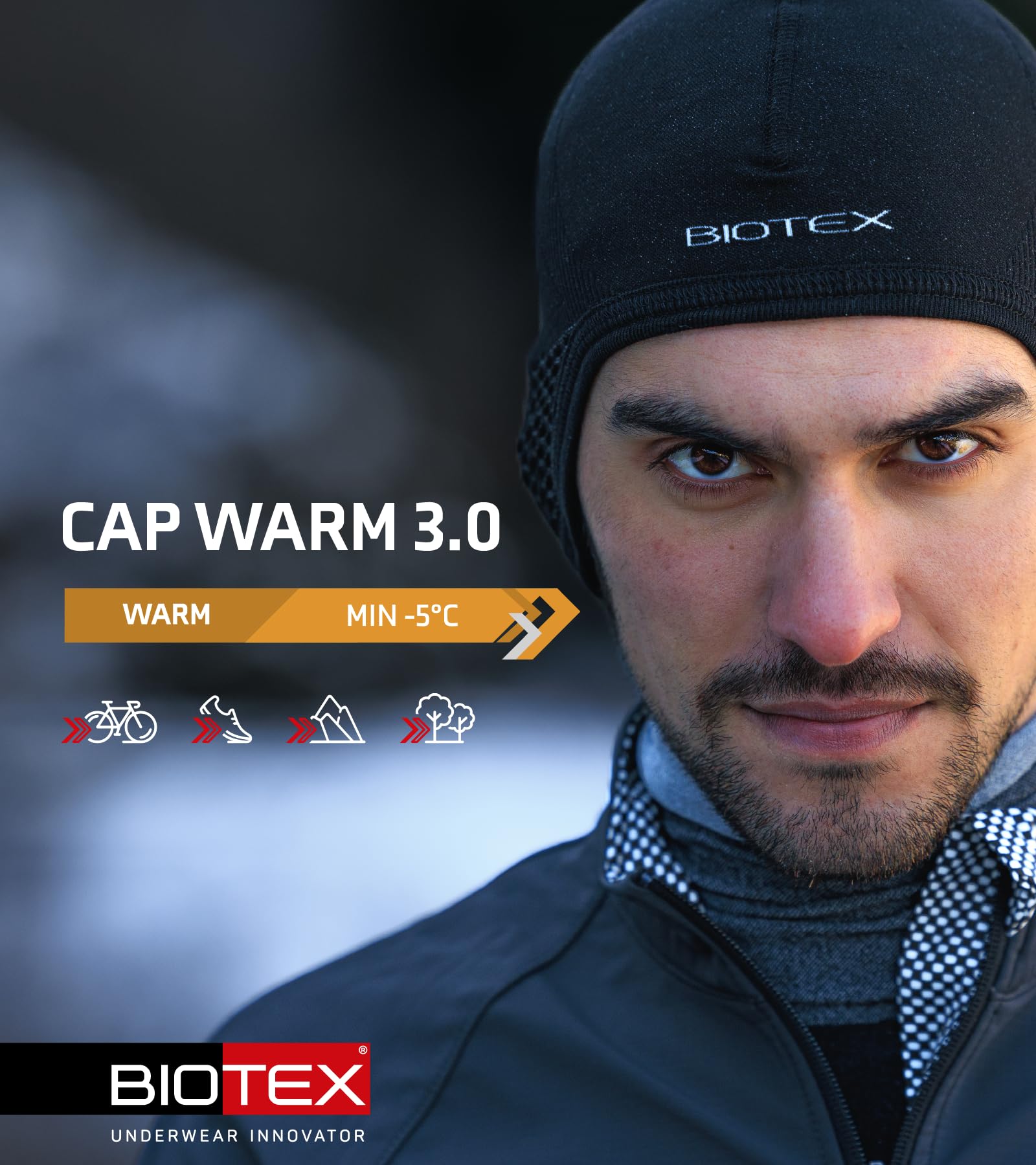BIOTEX Sottocasco Cap Warm 3.0 Termico Unisex, Sagomato sulle Orecchie, Ideale per qualsiasi Sport, Intimo Tecnico Sportivo, Nero