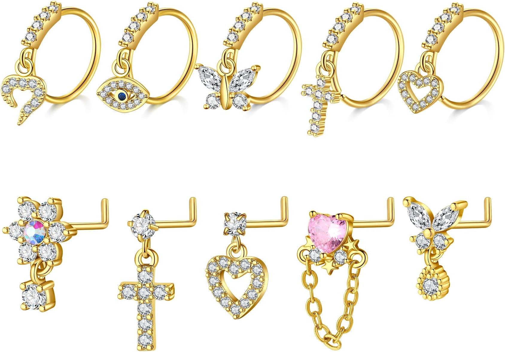 Dangly Nose Ring Stud Piercing Jewellery Gold Silver L Shape Surgical Steel Nose Hoop 18g 20g 7mm 10mm Bar Diamond Heart Butterfly Evil Eye Cross Flower