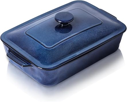 vicrays Ceramic Casserole Dish with Lid, 4.2 Quart Deep Baking Pan with Handles, Rectangular Lasagna Pan, Oven, Microwave & Dishwasher Safe, Starry Blue