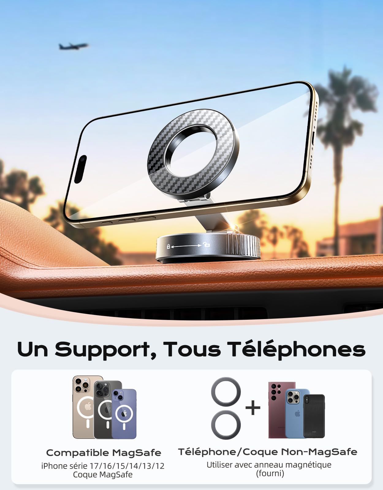 Mohard Porte Aimant Téléphone Voiture MagSafe 2400GF Ultra Puissant 360° Réglable Pliable pour iPhone 17/16/15/14/13