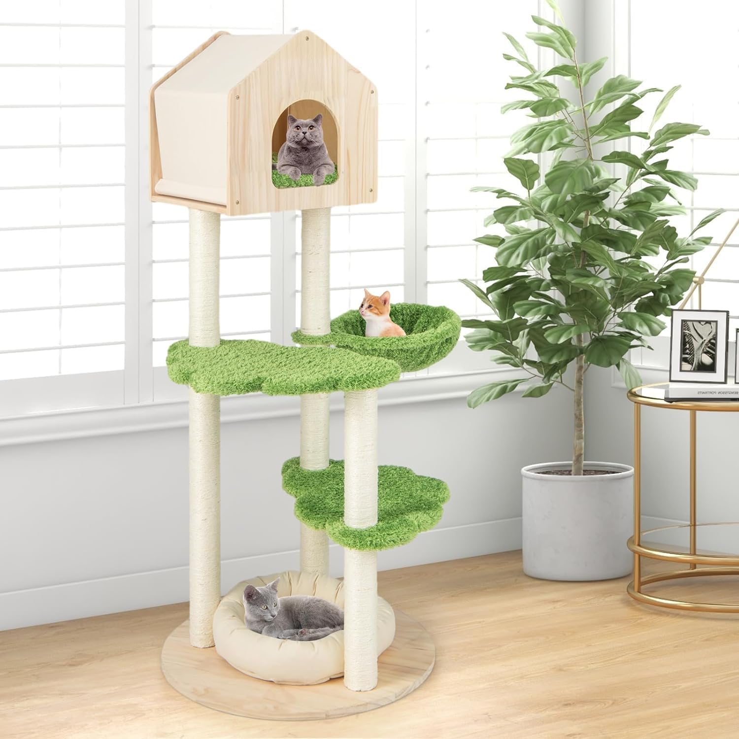 GYMAX Árbol de Escalada para Gatos de 139 cm con Poste Rascador de Sisal y Cueva, Árbol para Gatos con Cama para Gatos, Hamaca, Centro de Actividades de 5 Niveles, Muebles para Gatos