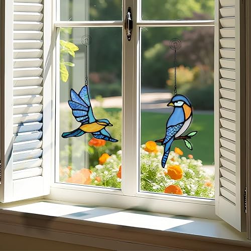 Miniatura 7 de BOXCASA Blue Birds Decor - Atrapasoles para ventana, vidrieras para colgar en la ventana, regalos de pájaros para amantes de los pájaros, regalo de