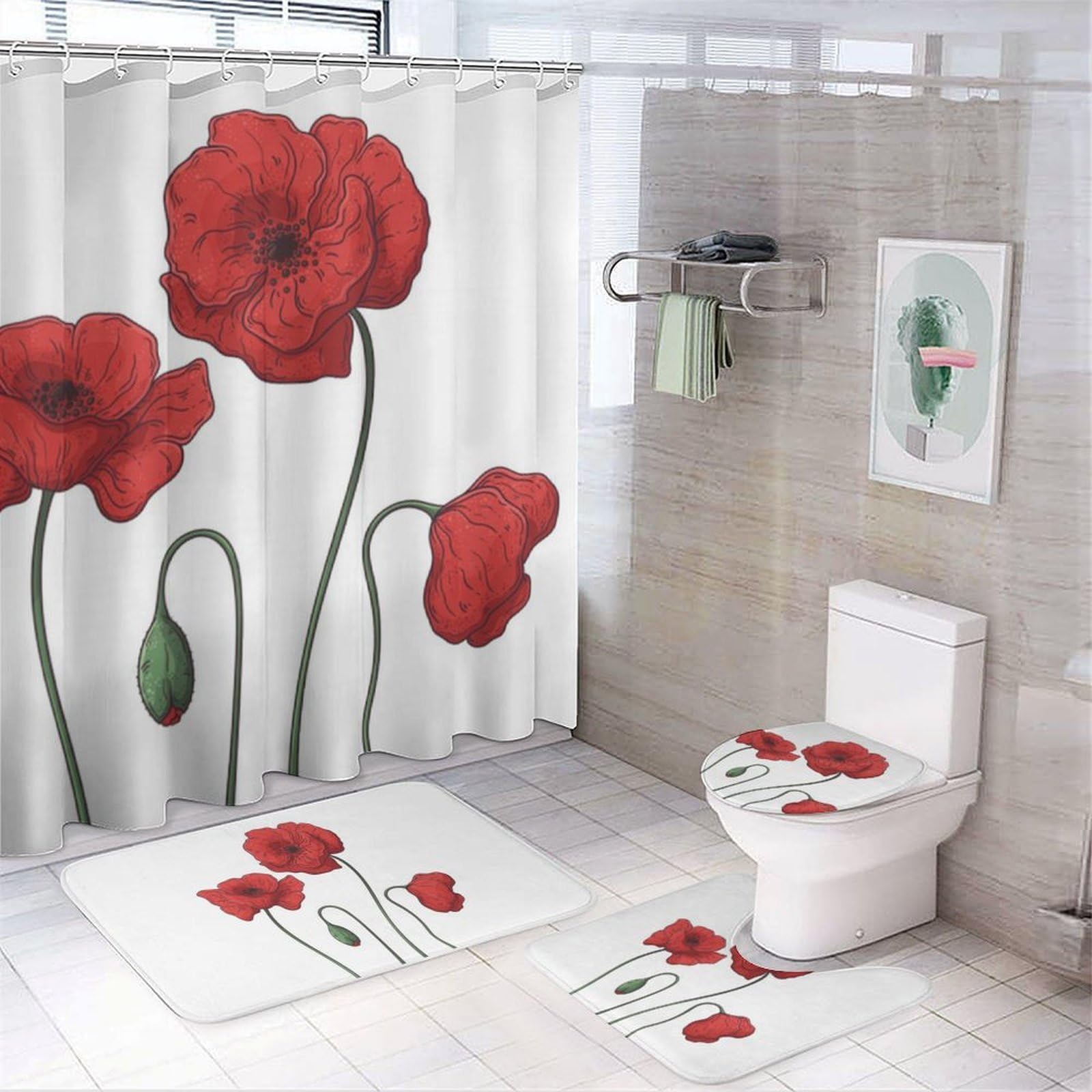 JZemdybill Bathroom Mat Set 4 Piece, Poppy Flowers Shower Curtain with Non-Slip Bath Mats for Bathroom