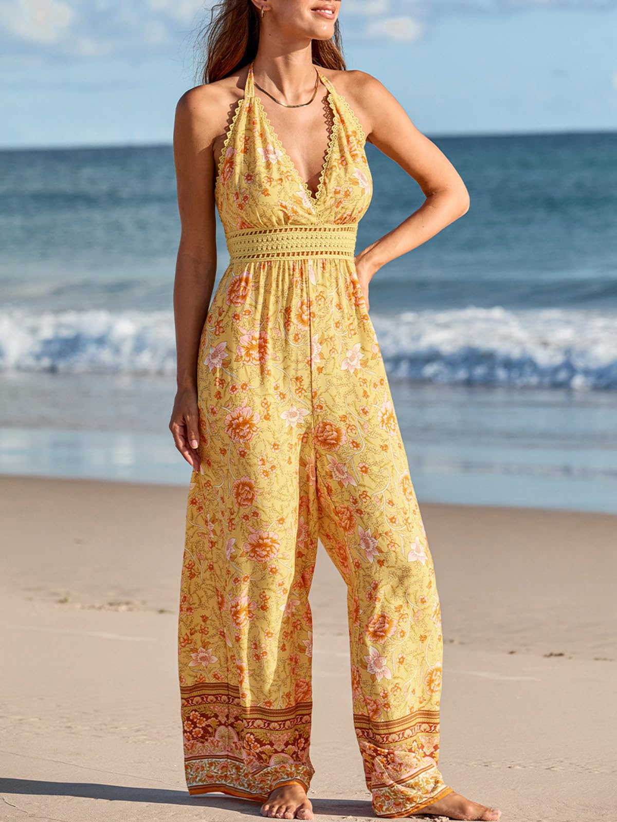CUPSHE Overol de verano para mujer, floral, halter, bohemio, con encaje, corte de pierna ancha, sin espalda, sin mangas, con bolsillos