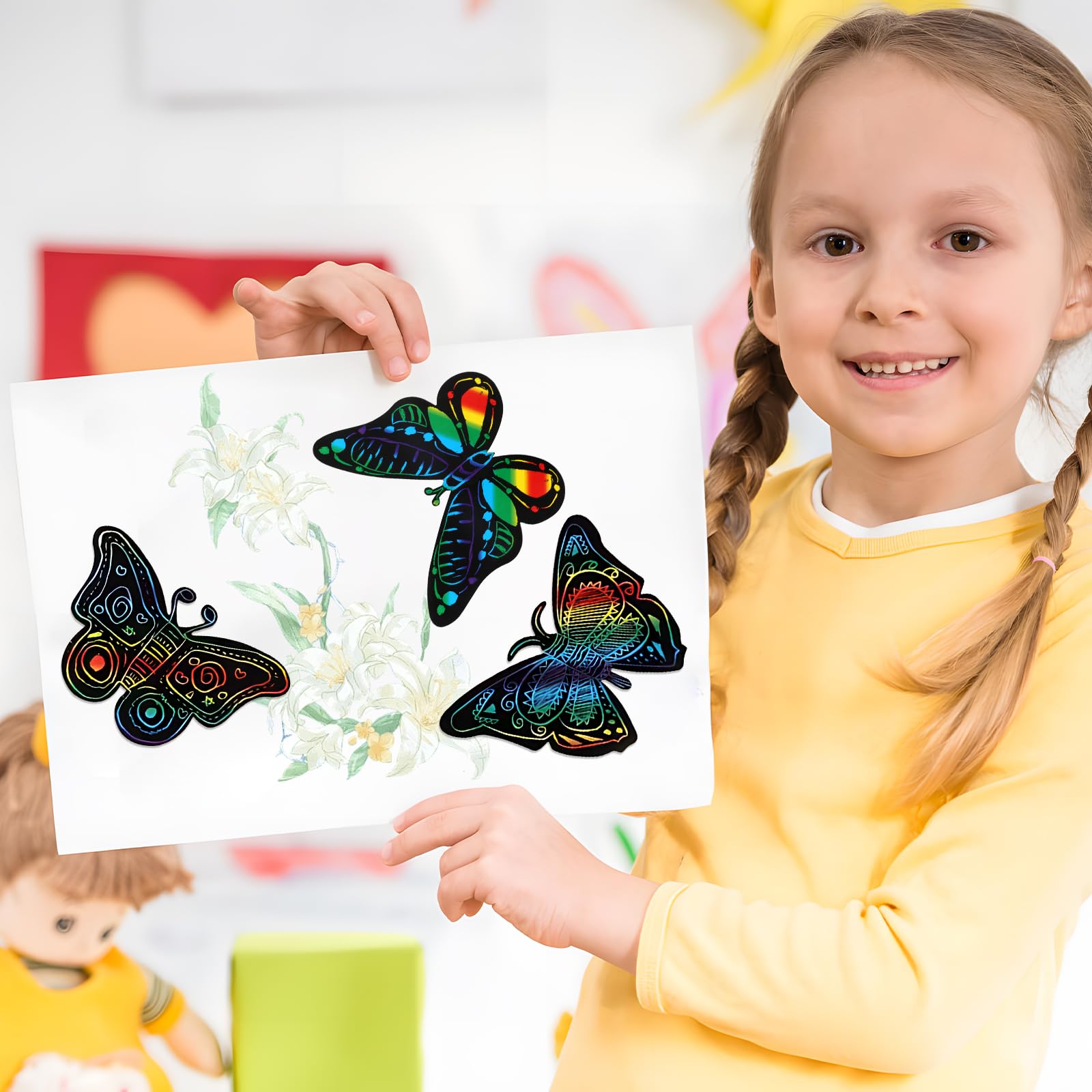 48 sztuk obrazków do zdrapywania motyli, 12 stylów, papier do zdrapywania dla dzieci, tęczowy papier do zdrapywania, motyle, z tasiemką, bambusowy pisak do majsterkowania, majsterkowania, na urodziny