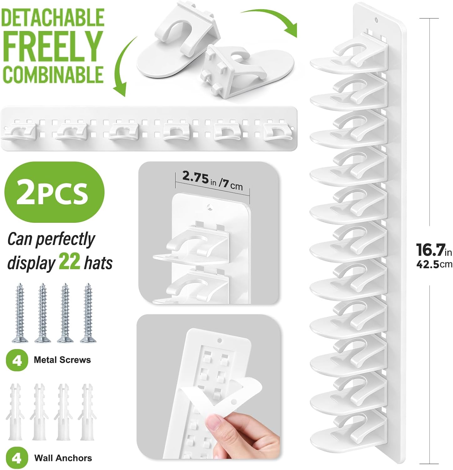 Detachable 2 Pack Hat Hook Organizer for Baseball Caps, Hat Hanger Holder for 20 Caps, Wall Hat Rack with Strong Adhesive, Multilayer Cap Storage Hooks for Closet Door and Bedroom (Style C-White)