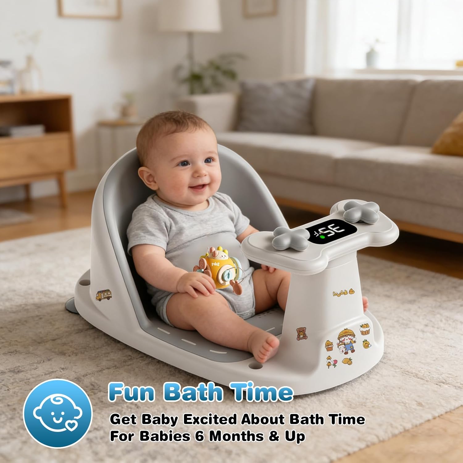 Baby Bath Seat for Babies 6 Months & Up - Bathtub Seats for Babies Sitting Up, Non-Slip,Smart Real-Time Temperature& 4 Suction Cups(Grey)