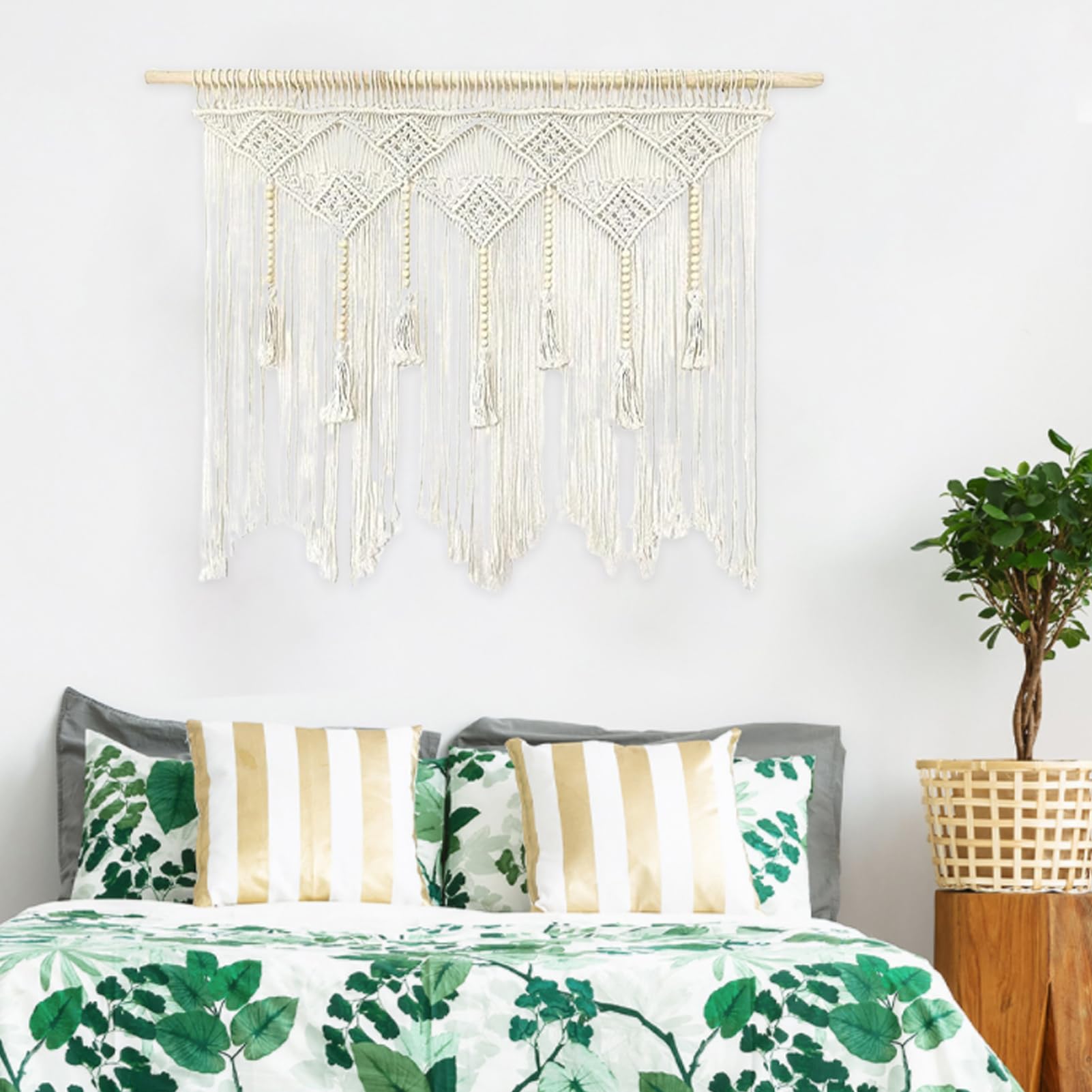 Rideaux en macramé avec perles en bois - Rideau tissé court - 100 x 80 cm - Beige - À suspendre au mur - Décoration murale d'extérieur