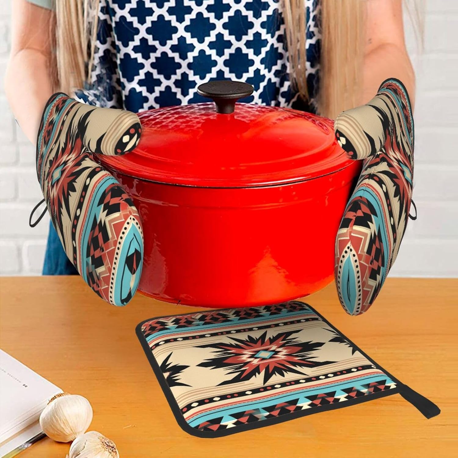 Oven Mitts and Pot Holders Sets 4PCS Heat Resistant Thicken Kitchen Cooking Gloves Native American Patterns Oven Mitts BBQ Oven Gloves Non-Slip Potholders Hot Pads for Baking Cooking Home Essentials