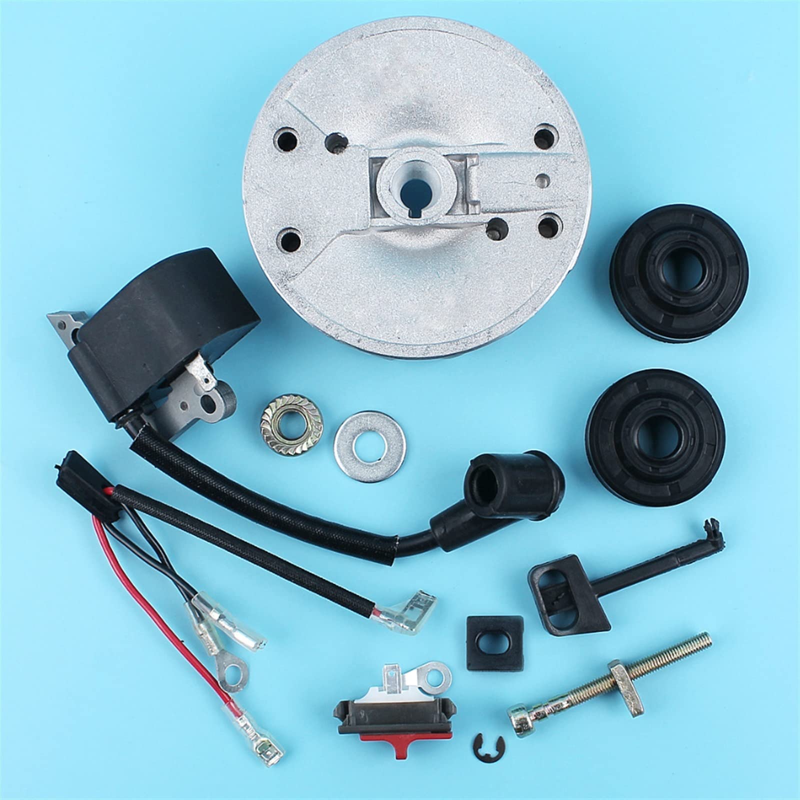 Flywheel Kill Switch Bobina de Encendido Tensor de Cadena Sellos de Aceite Aptos for Husqvarna 137 137E 142 142E Motosierra con Palanca de estrangulación de Tuercas