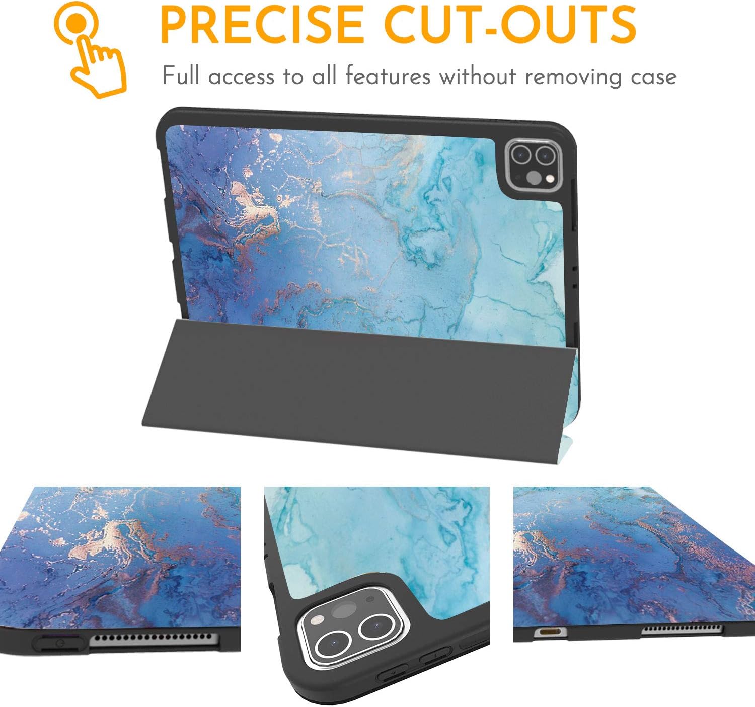 Hepix iPad Pro 12.9 Case Blue Marble 4th 3rd Generation Case 2020 2018 with Pencil Holder, Full-Body Trifold Stand Protective Shockproof Cover Auto Sleep Wake for A2229 A2069 A2032 A2233