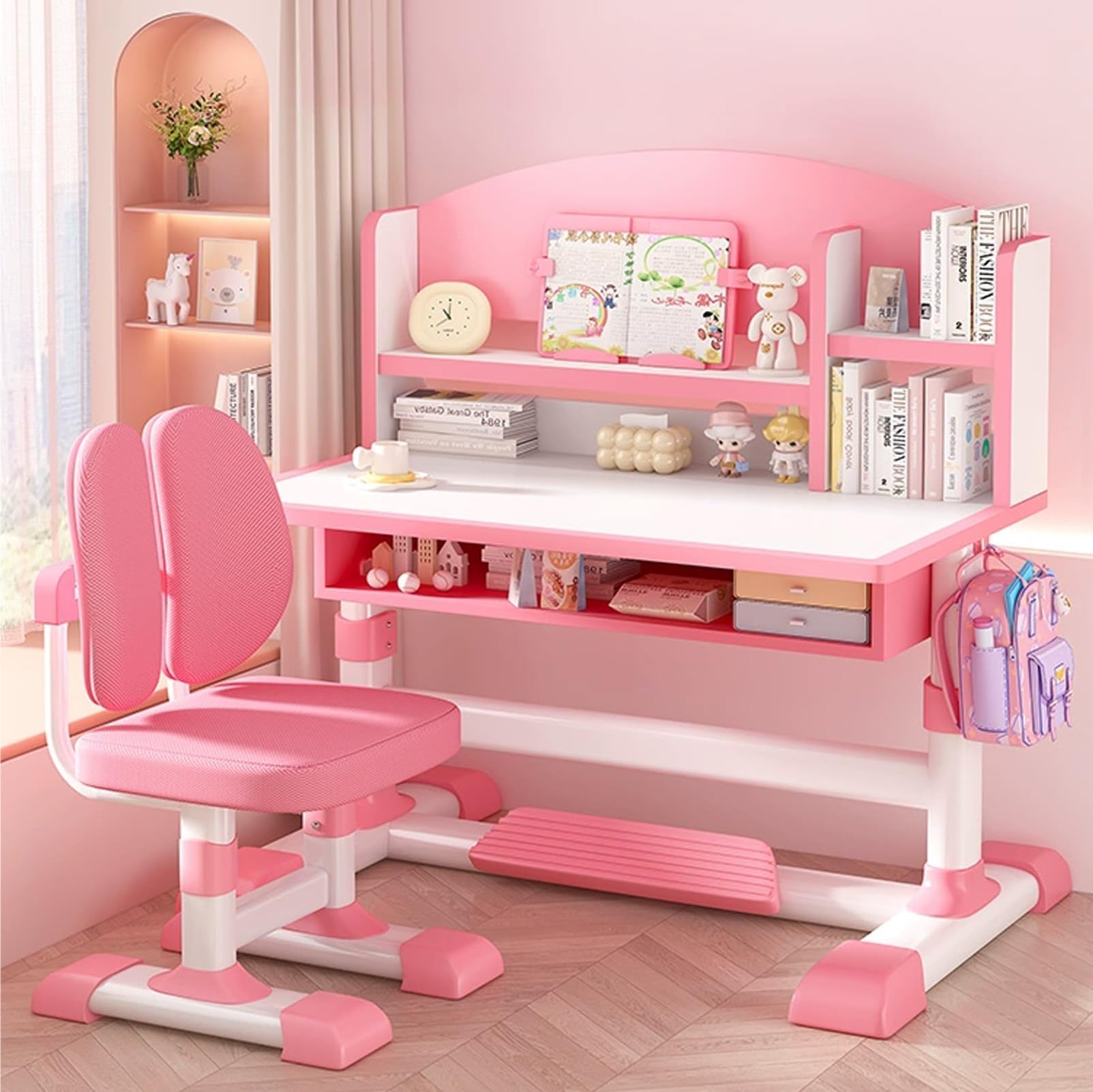 - Children's Desk and Chair Set, Study Table with Storage Drawer, Adjustable Height, Formaldehyde Free, Eco-Friendly Board, Posture Correction Double Bar, Large Capacity (Cherry Blossom Pollen