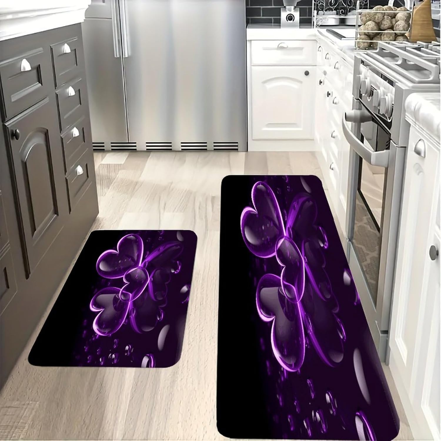 Purple Hearts Kitchen Mat Kitchen Rug Set | Kitchen Rugs Flannel Velvety Washable breathable Water Absorbent Soft ，kitchen utensils for Kitchen, Floor,Laundry