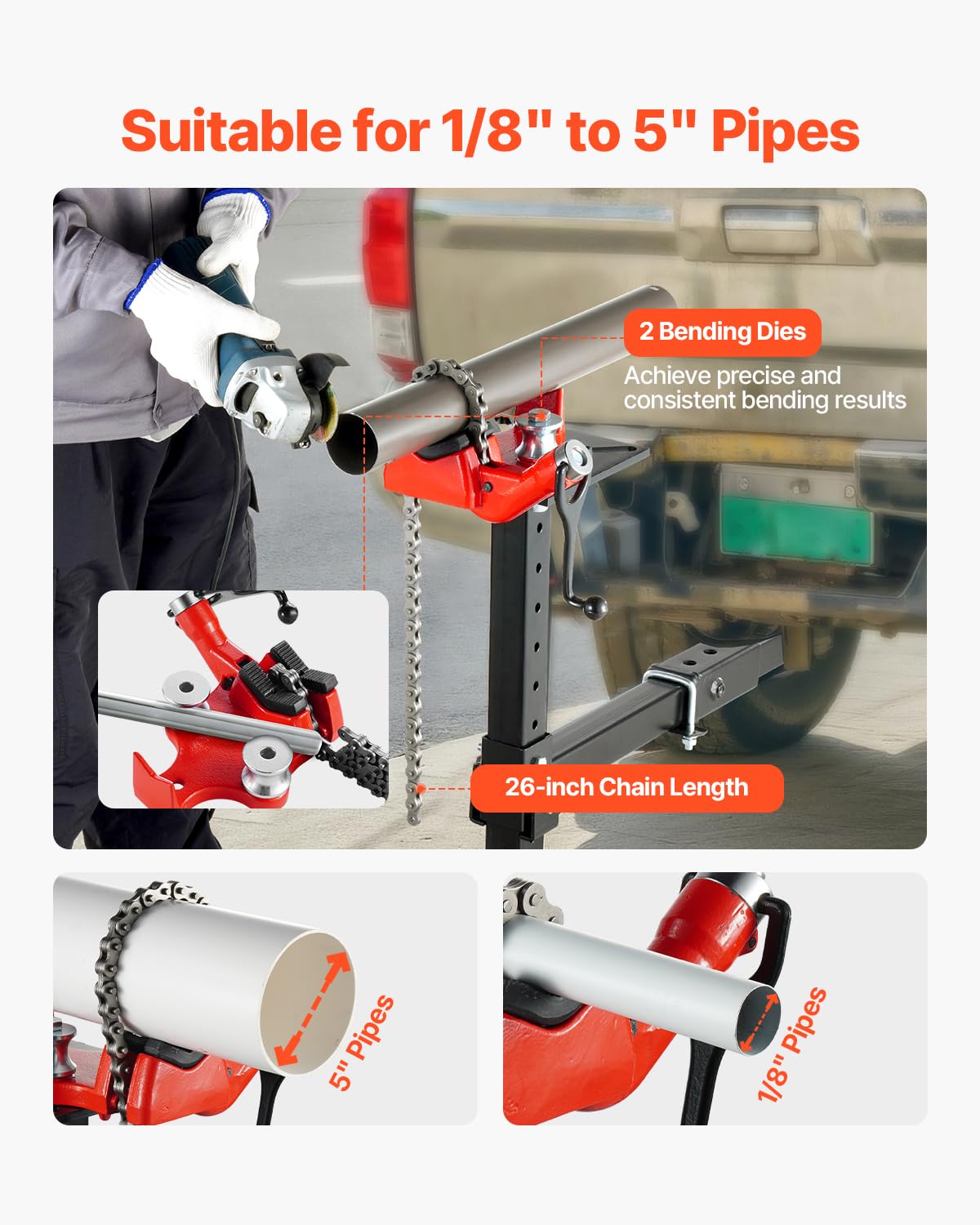 VEVOR Tornillo de Banco para Cadena de Alta Resistencia para Tuberías, Capacidad para Tuberías de 0,32 a 20,32 cm, Cadena Resistente de 660 mm y Base de Hierro Fundido, con Montaje de Enganche