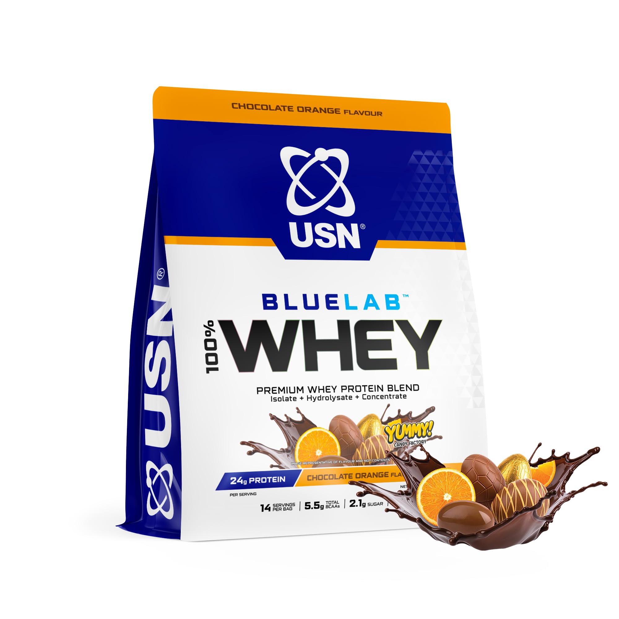 USN BlueLab 100% Whey Protein Powder 476g (14 Servings) - 24g Protein - Whey Isolate, Hydrolysate & Concentrate Blend - High Protein Shake for Muscle Growth & Recovery - Chocolate Orange
