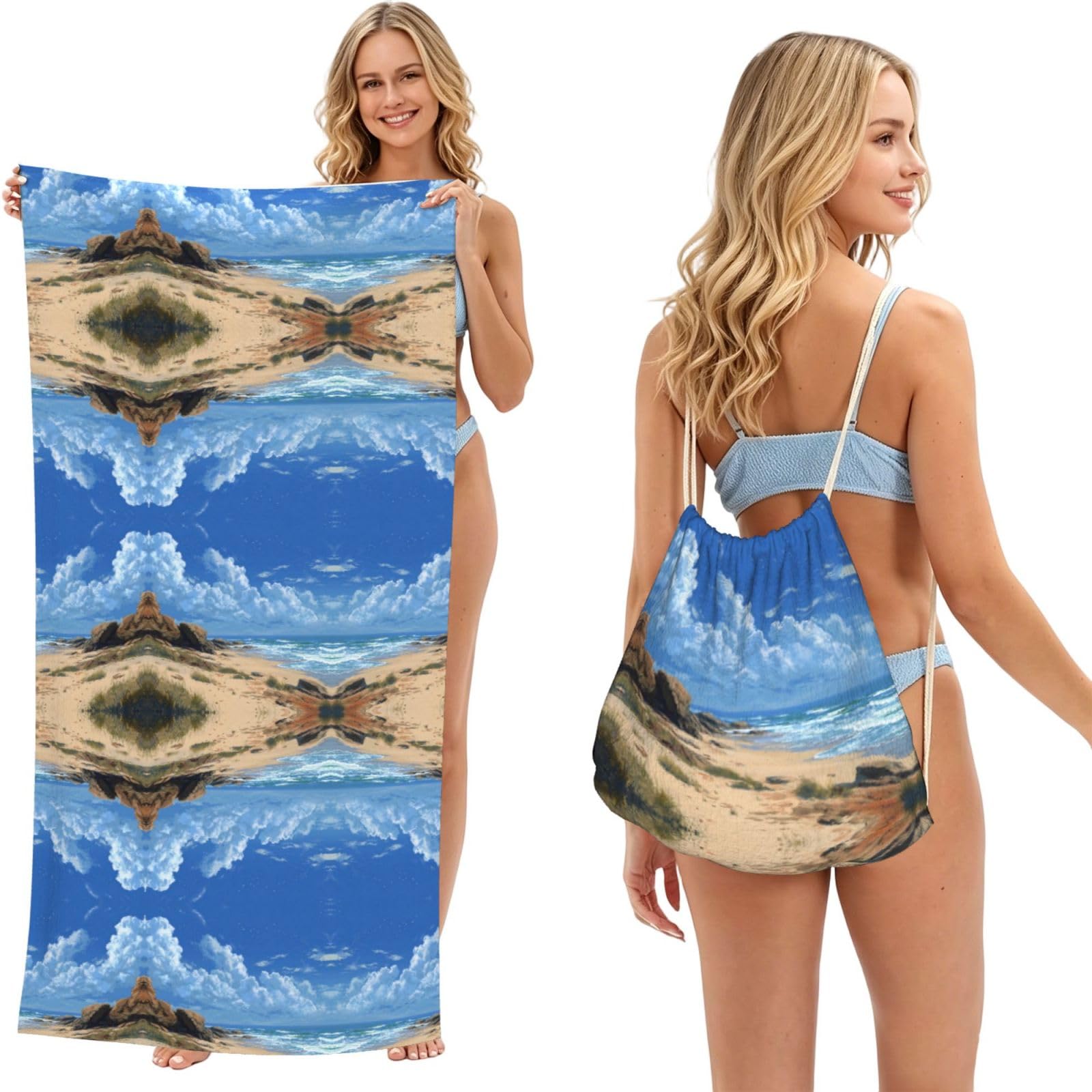 EZDLOWVBA Beach Scenery Print Beach Towel Backpack 2 In 1 Summer Large Lightweight Beach Towel - Multifunctional Ship Pattern Towel Bag For Storage,Sport