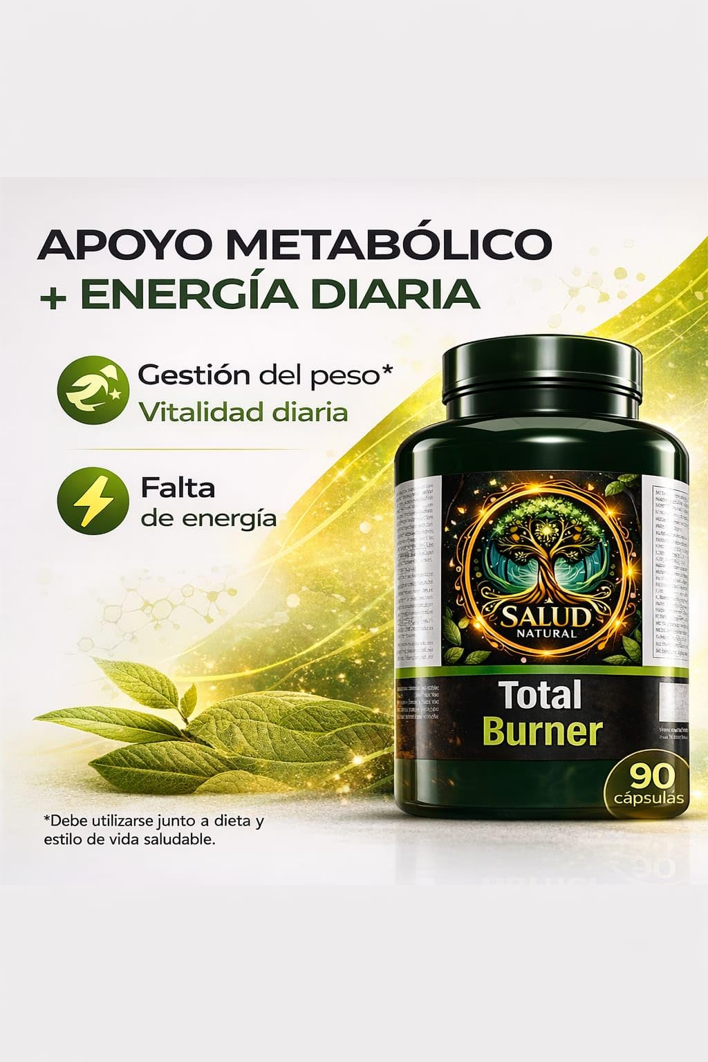 Quemador de Grasa Natural Total Burner Salud Natural, 90 Cápsulas | Control del Apetito y Metabolismo, Energía sin Estimulantes Fuertes, Apoyo Definición y Pérdida de Peso
