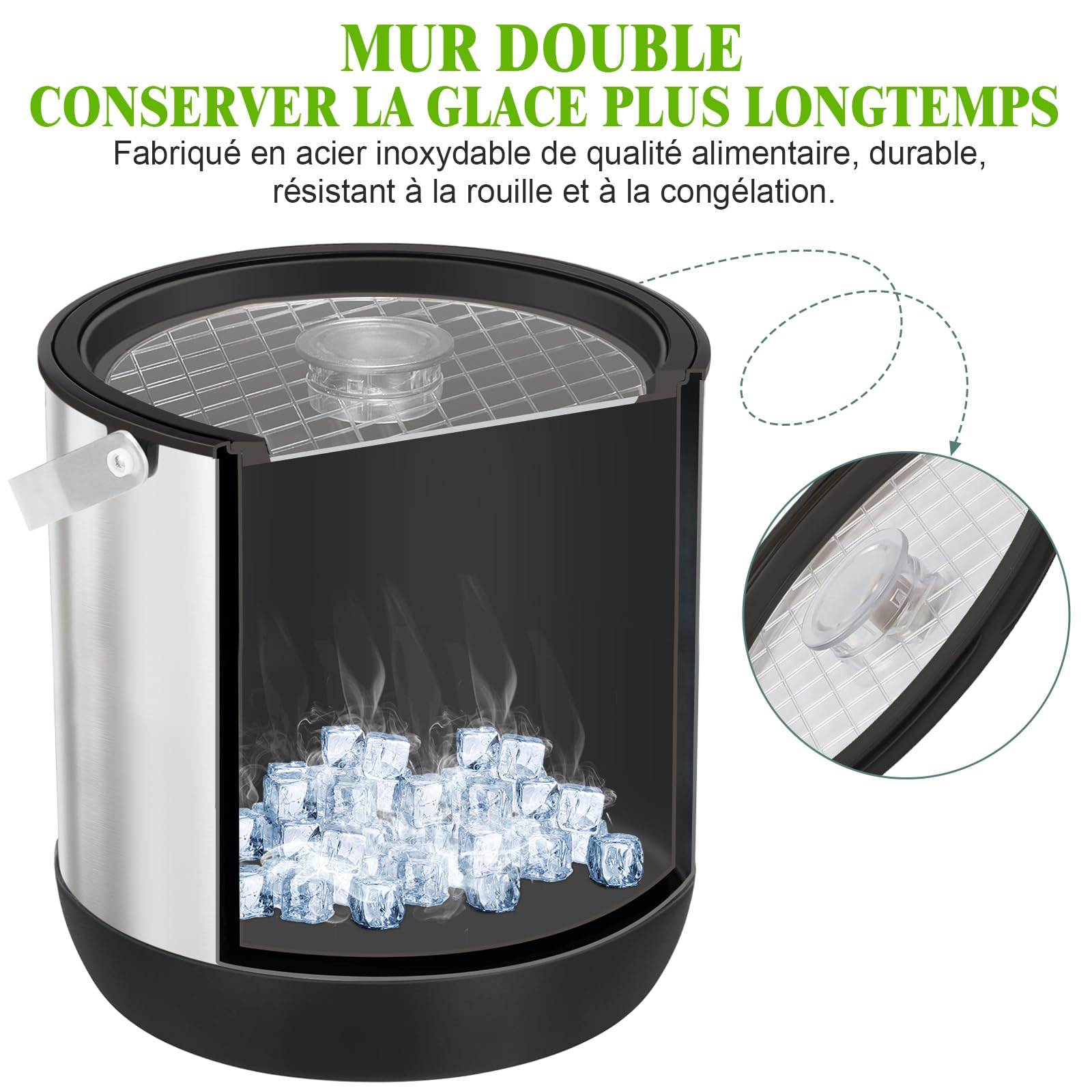Seau a glacon en acier inoxydable de 6,8 litres avec couvercle et pelle, seau a glacon isotherme double paroi pour les bars à cocktails et les fêtes, sans BPA