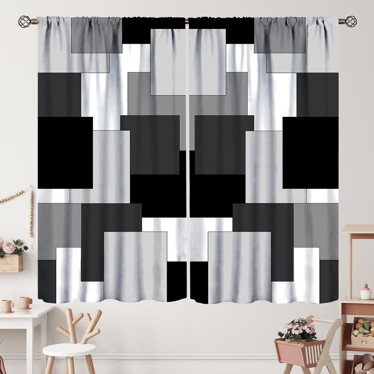 Gray and Black Curtains Gray White Geometric Silver Dark Abstract Square Art Curtain with Rod Pocket for Bedroom Living Room Home Decor Drapes Window Treatments 2 Panels Set 42" W X 54" L