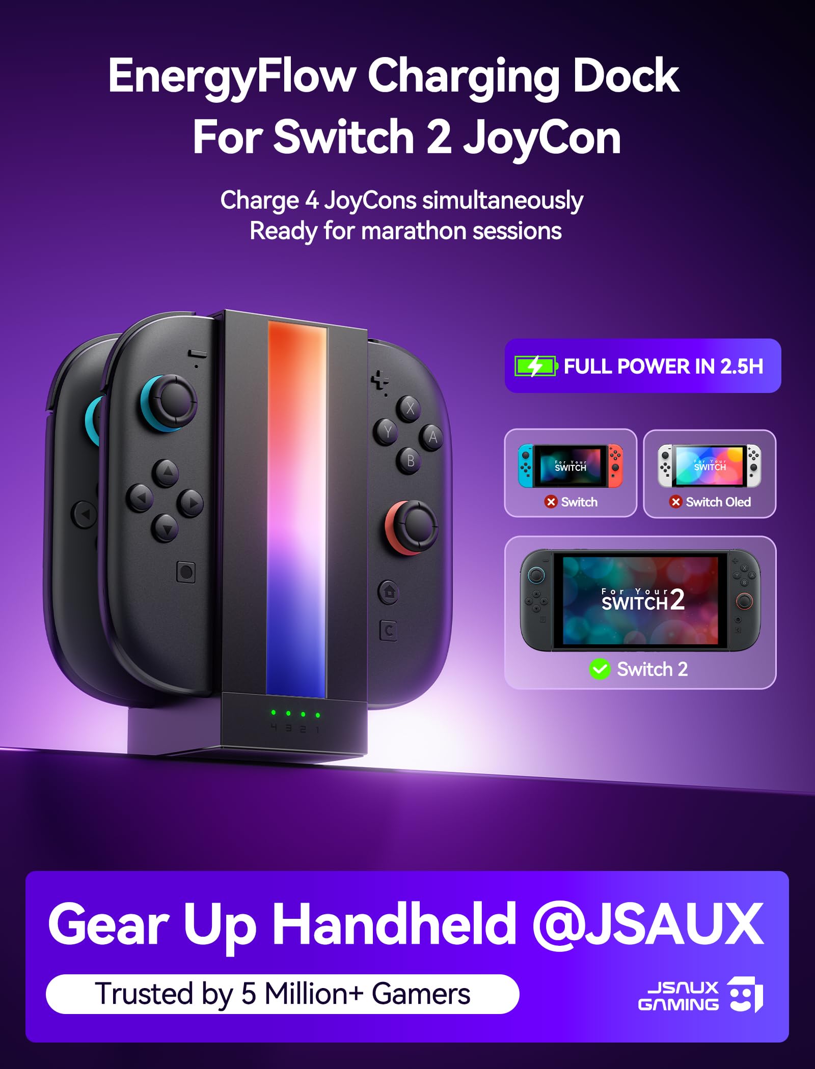 Stacja ładująca JSAUX EnergyFlow do kontrolera Nintendo Switch 2 JoyCon, magnetyczna stacja ładująca RGB 4 w 1 z wyświetlaczem LED, akcesoria Switch 2 JoyCon z USB C o długości 1,5 m