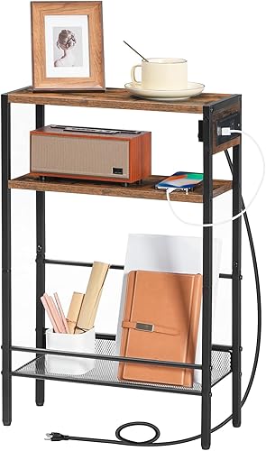 Miniatura 38 de HOOBRO Mesa auxiliar pequeña y estrecha con estación de carga, juego de 2, mesa auxiliar delgada para espacios pequeños, mesita de noche delgada con