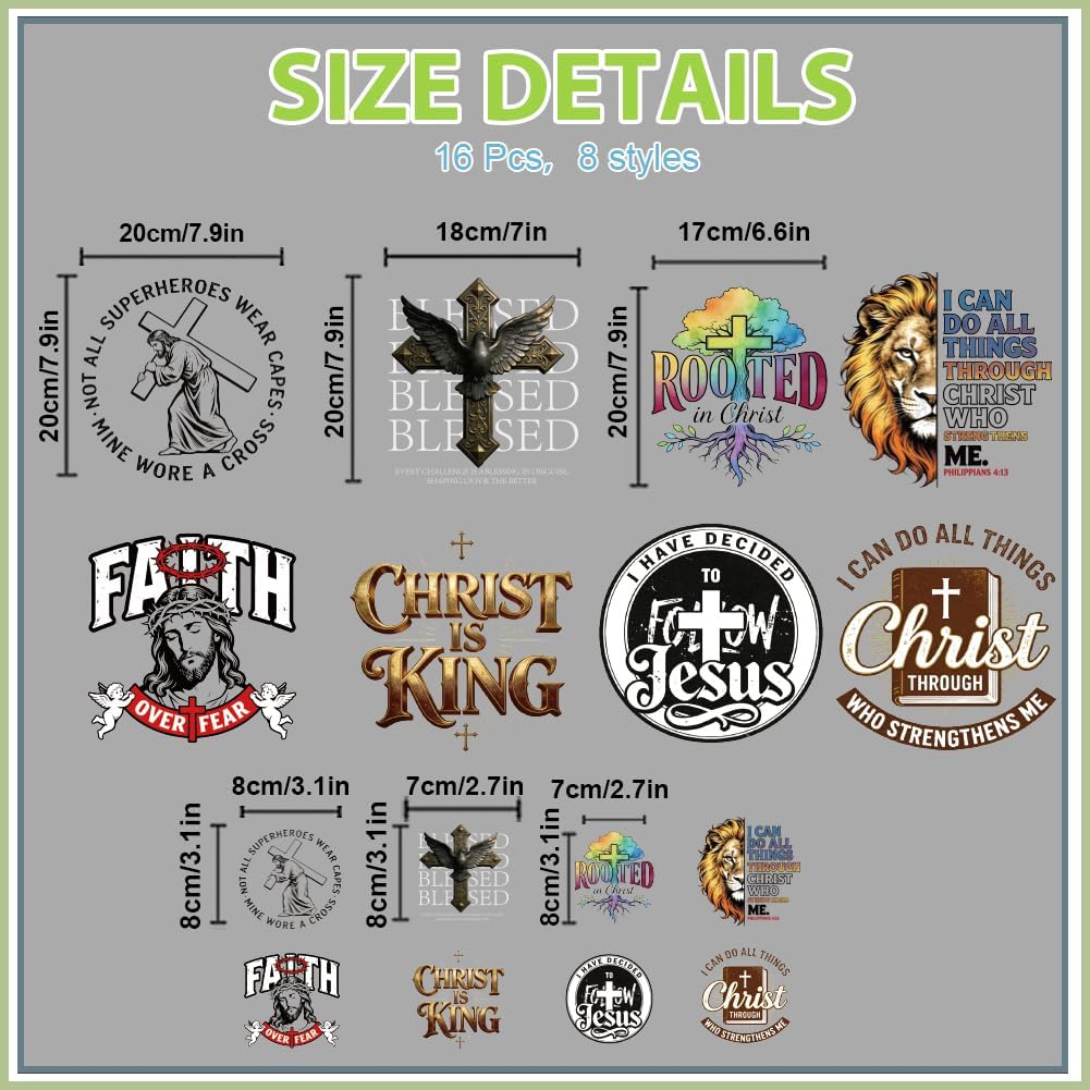 SUPERDANT 16pcs Faith Bible Verse Iron on Transfer Paper Cross Lion Heat Transfer Sticker Washable Iron on Decals for T Shirts DTF Transfers Ready to Press for Clothing Hoodie Jackets DIY Gift image 2