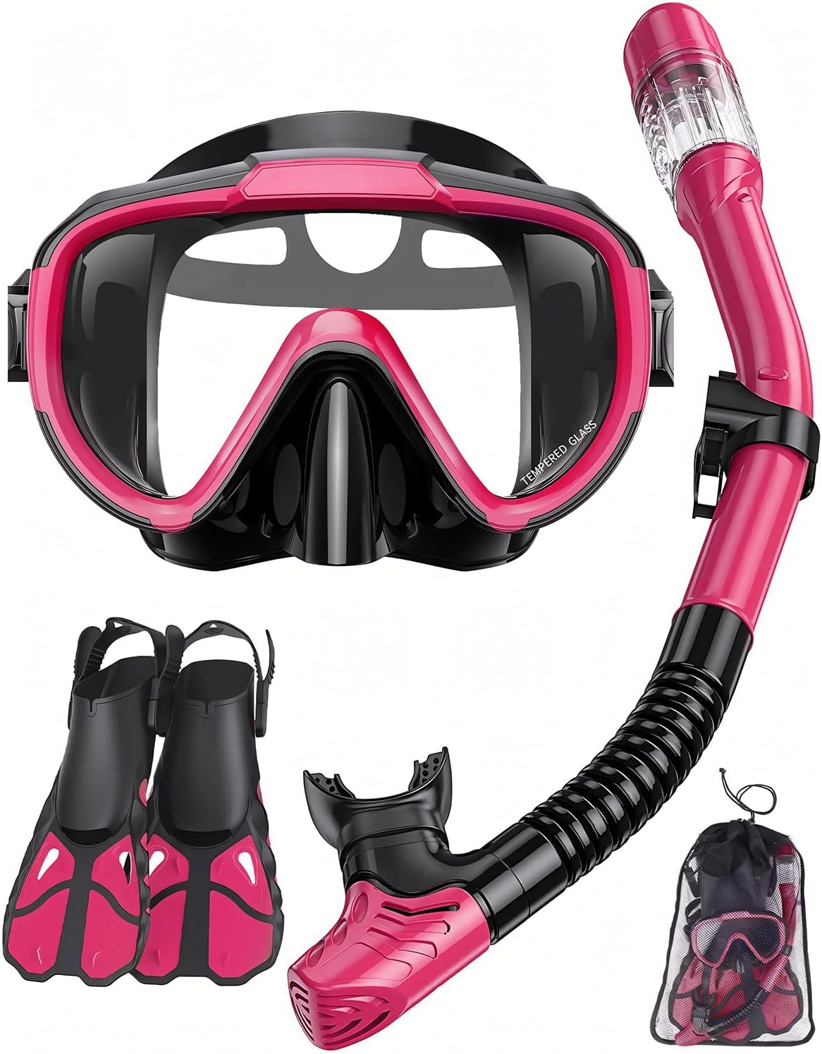Color Pink Snorkel Set with Fins for Adults, Snorkeling Gear for Adults Men and Women, Snorkle, Mask Set Adults Dry Top Snorkel Mask Combo Set with Travel Bag for Snorkeling, Diving, Swimming