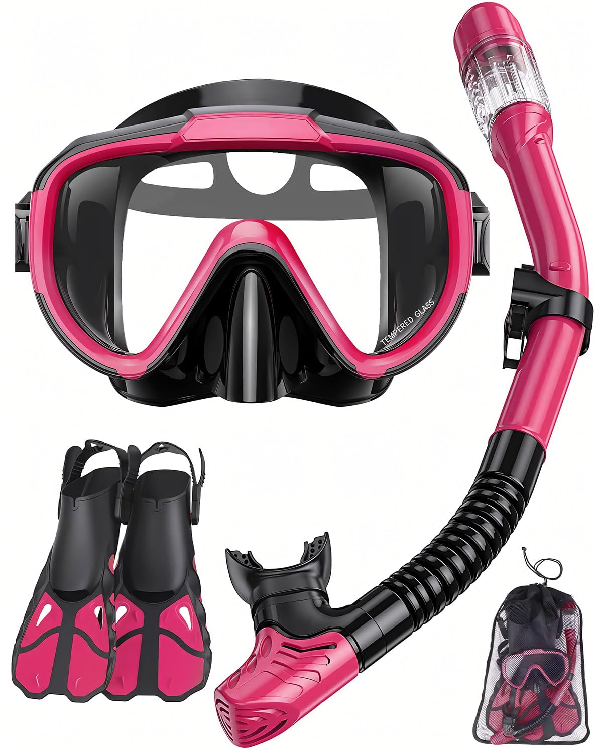 Set di boccaglio con pinne per adulti, uomini e donne, boccaglio, set di maschere da snorkeling per adulti, set combinato con borsa da viaggio per lo snorkeling, il