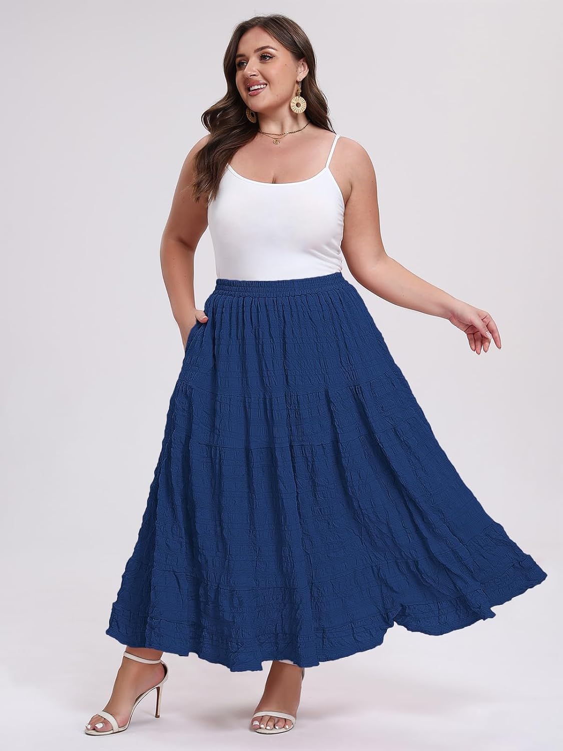 Moon Wood Women's Plus Size Tiered Maxi Skirt Elastic High Waist A-Line Flowy Long Skirts with Pockets - Image 6