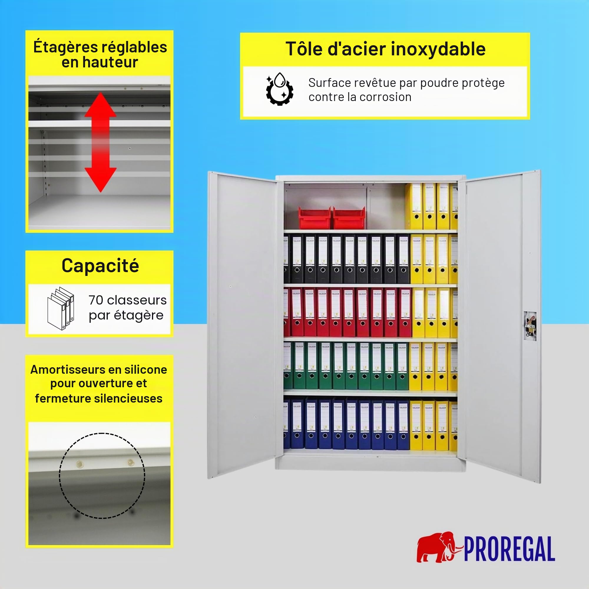 PROREGAL Mega Deal 2X Armoire à Portes battantes Elephant Armoire de classement en métal verrouillable 2 Portes 180x120x40cm en Acier 4 Niveaux Gris Clair